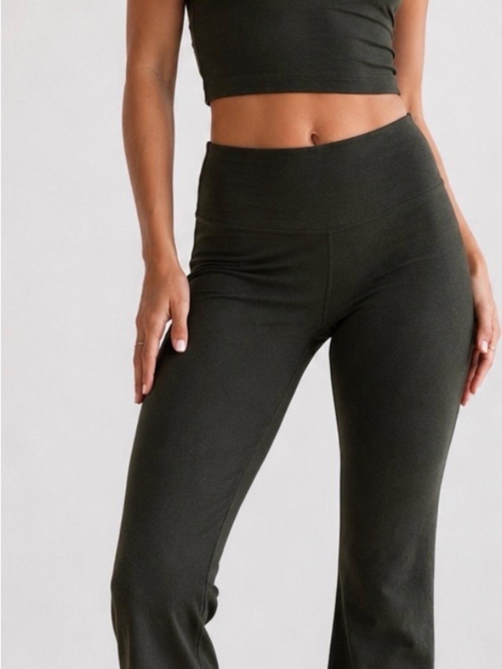 Beyond yoga High-Rise Flare Yoga Pants in Dark Olive and top

New w tags